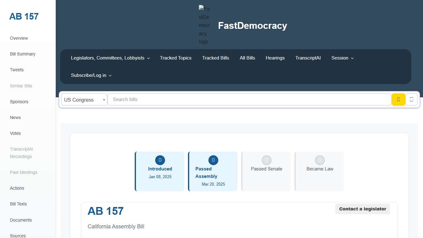 Bill tracking in California - AB 157 (2025-2026 legislative session) - FastDemocracy